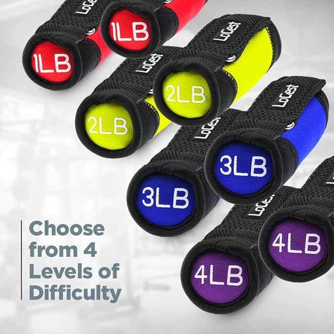 Logest Soft Hand Weights - Adjustable Neoprene Dumbbells (1LB, 2LB, 3LB, 4LB) - Red, Yellow, Blue, Purple - Velcro Straps - Weight Training, Walking, Jogging, Aerobics, Yoga