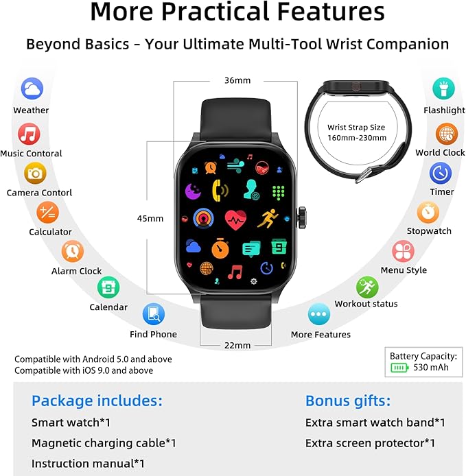 Smart Watch with Built-in GPS, 1.96" HD Display, Answer/Make Calls, 100+ Sport Modes, Heart Rate/Sleep/SpO2 Monitor, Fitness Activity Tracker for Android and iPhone, for women men (Black, 1.96")