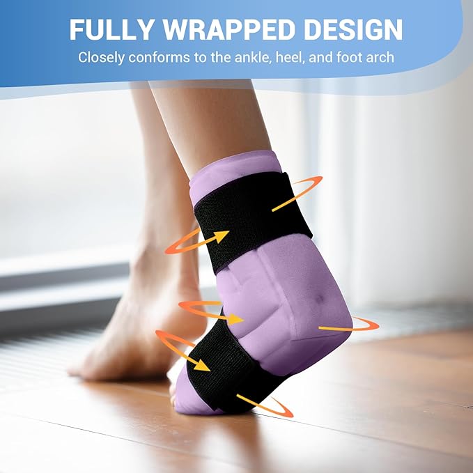 Comfytemp Ankle Foot Ice Pack Wrap for Plantar Fasciitis Relief, Ankles Brace for Sprain, Heel Spur, Swelling, Achilles Tendonitis, Cold Bag for Injuries Reusable, Hot Cold Compress, 1 Pack (Purple)