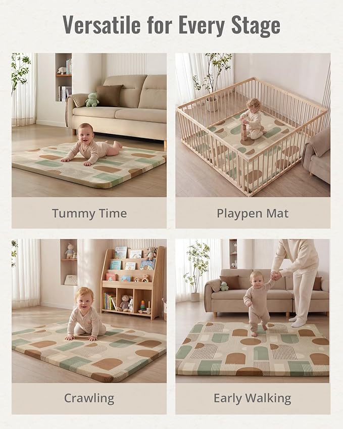 Blissful Diary 1.3" Thick Baby Play Mat, 50x50 Playpen Mat with Removable & Washable Cover, Ultra Soft Crawling Rug for Floor, Foam Cushion & Non-Slip Backing for Kids, Toddlers, Earth Tone Rainbow