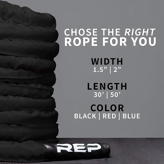 REP Fitness Battle Rope | 30/40/50 Ft Heavy Training Cord for Home Gym, Strength Workout, Cross Fit, Cardio Conditioning, Exercise Equipment with Protective Sleeve & Textured Grip Handles | 3 Colors