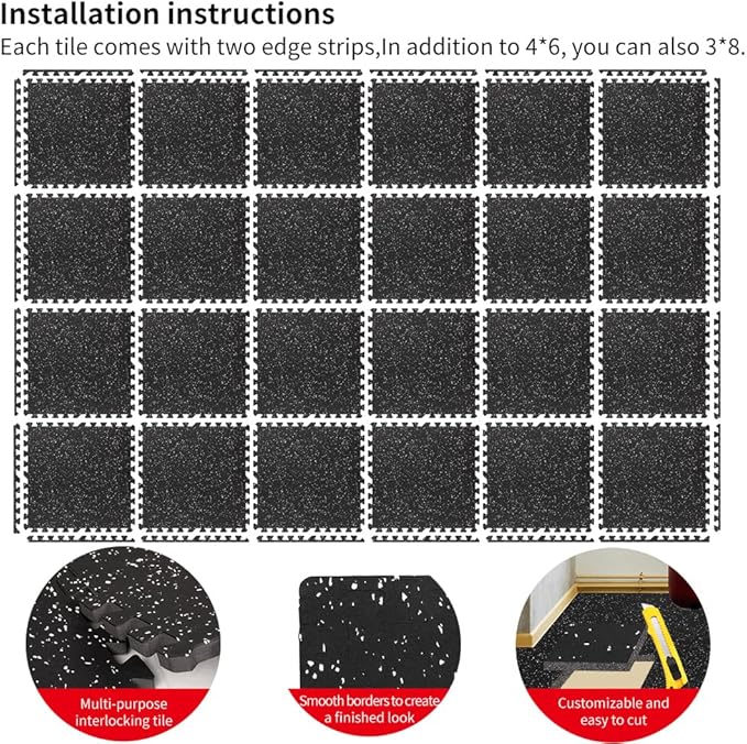 0.56in Thick 96 Sq Ft Gym Flooring for Home Gym, 24 Tiles Workout Exercise Equipment Mats, Rubber Top with EVA Foam, Interlocking Puzzle Floor Tiles for Fitness Room, Protective Flooring Mat