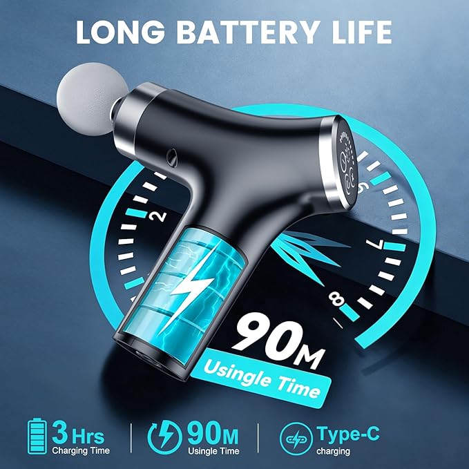 2-in-1 Detachable Back Massage Gun, Deep Tissue Percussion Massager with Long Handle for Self Back, Shoulder & Neck Relief, Handheld Muscle Massager with Strong Vibration, 12 Speeds, 4 Heads