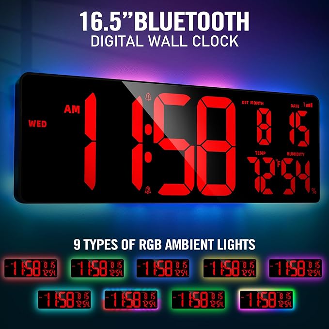 TXL 16.5" Bluetooth Red Large LED Digital Wall Clock, Count Up/Down Timer Clock with Ambient Lighting, Adjustable Brightness Wall Clock for Home, Office, Gym, Elderly, Auto DST