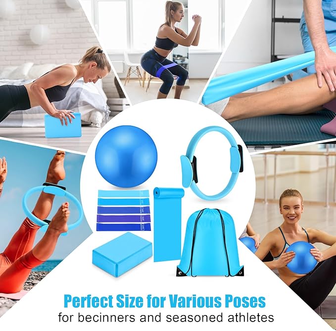Silipull 10 Pcs Pilates Ring Blocks Set for Women Home Yoga Equipment Accessories Pilates Ring Circle and Ball Workouts Gift Include Ball Yoga Circle Resistance Bands Block Straps Gym Bag