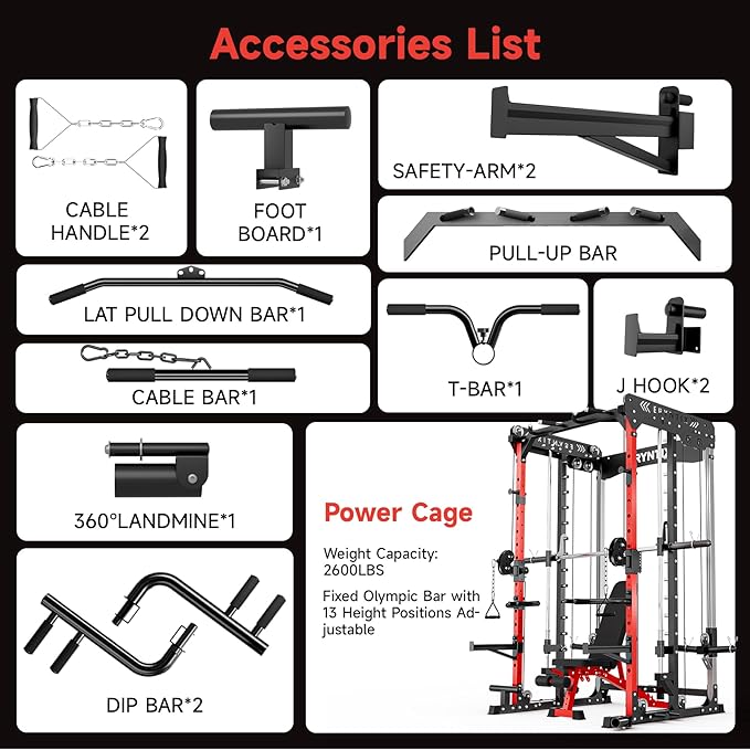 Smith Machine, 2600 LBS Capacity Power Rack for Home Gym Garage, All-in-One Power Cage with Cable Crossover, Heavy-Duty Squat Rack with LAT Pulldown & Pull-Up Bar, 84'' Home Gym Equipment