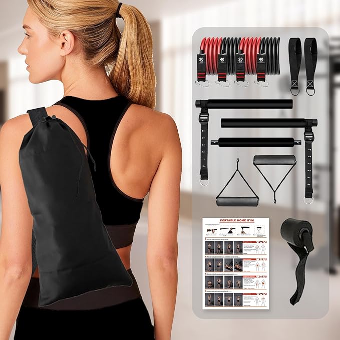 Pilates bar kit Multiple Fitness bar with Resistance Bands, Ab Rollers.Core Strength Training Equipment. Squat Machine for Men and Women.Portable Home Gym Pilates bar kit for Full Body Training Women