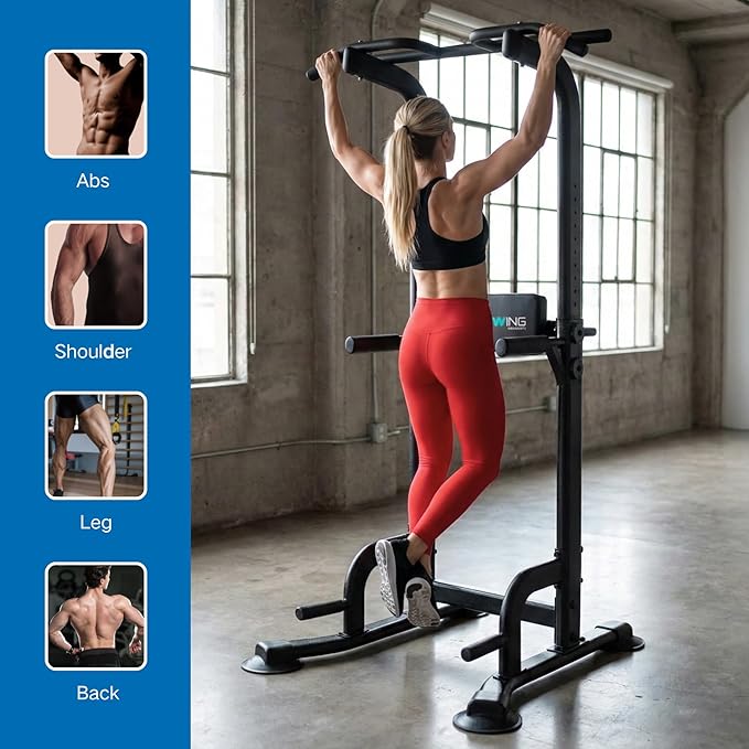 BARWING Pull Up Bar Station, Power Tower, Dip Station with 3D Backrest, Multi-Function Strength Training Stand Rack, Adjustable Height Dip Bar for Home Gym Workout Stand Fitness Exercise Equipment