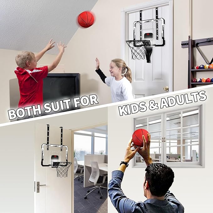 QDRAGON Indoor Basketball Hoop for Kids, Over The Door Mini Basketball Hoops with 7 LED Lighting, Basketball Toys Gifts for 5 6 7 8 9 10 11 12 Year Old Boys Girls Teens, White
