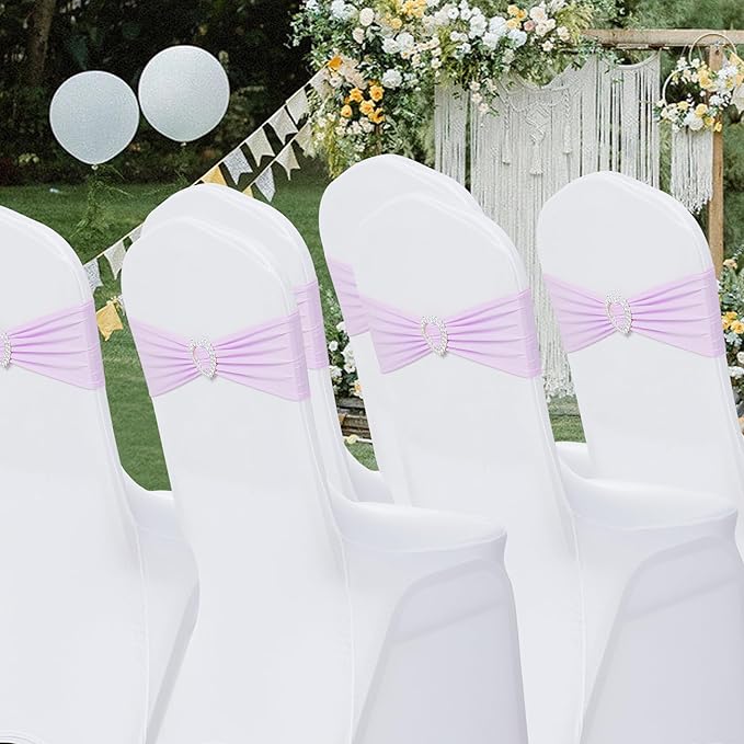 Howhic Pack of 60 Spandex Chair Sashes Bows Stretch Chair Cover Band with Buckle Slider Universal Elastic Chair Ties for Wedding Banquet Party Event Decoration (Lavender)