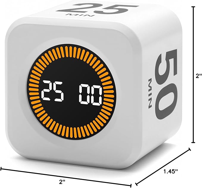 Rotating Productivity Timer 5, 25, 10, 50 Minutes Preset, Desk Cube w/Gravity Sensor for ADHD, Mute Functions, Ideal for Work, Study, Kitchen, Back to School (1, White)
