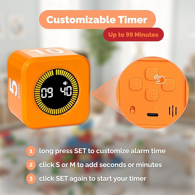 KADAMS Timer Pomodoro Visual - Productivity Pomodoro Cube, 5/10/25/50 Min Countdown & Countup, Silent – Ideal for Work Study Cook Workout Kitchen School Classroom Office ADHD Gift Kids (1, Orange)
