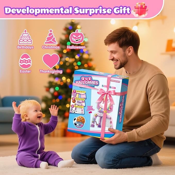 Toddler Basketball Hoop & Soccer Goal, Baby Toy for 1 2 3 Year Old Girls, Kids Activity Center Toys with Light & Music,Unicorn Toys for Girls 12-18-36 Months, Christmas Birthday Gifts for Ages 1-3