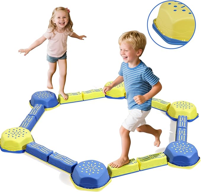 18 Pieces Non-Slip Balance Beam Stepping Stones for Kids 3 Years + Stackable Obstacle Course Balance Board for Toddlers Thicken Plastic Hold up 220LBS Indoor Outdoor Sensory Toy