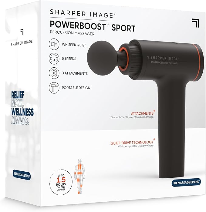 Sharper Image® Powerboost™ Sport Percussion Massager, Lightweight Portable Design with Quiet Drive Technology, Includes 3 Attachments