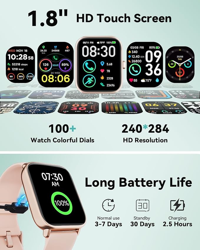 Smart Watches for Women, Smart Watch for iPhone and Android Phones Compatible, Alexa Built-in, 1.8" Fitness Watches for Women, 2 ATM Waterproof/Bluetooth Call, Heart Rate/Sleep Monitor, Pink
