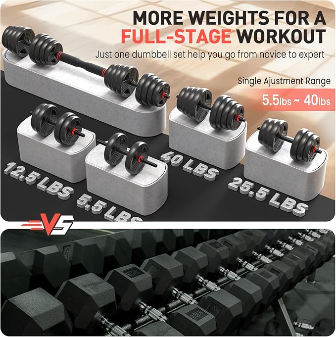 Adjustable Dumbbell Set, 20/30/40/60/80 lb Free Weight Set with Connector, 3-in-1 Design for Dumbbell, Barbell, and Weight Plate Training, Home Gym Fitness Equipment for Men and Women