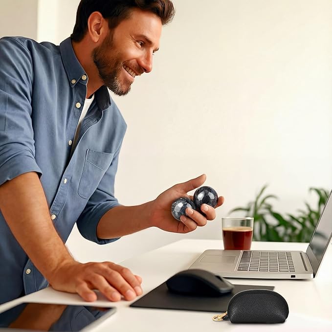 AceOrbit Baoding Balls Set of 2, Chinese Stress Relief Hand Exercise Balls with Leather Pouch, 1.57 Inch Dark Grey Marble, Finger Exercise and Wrist Strength Training