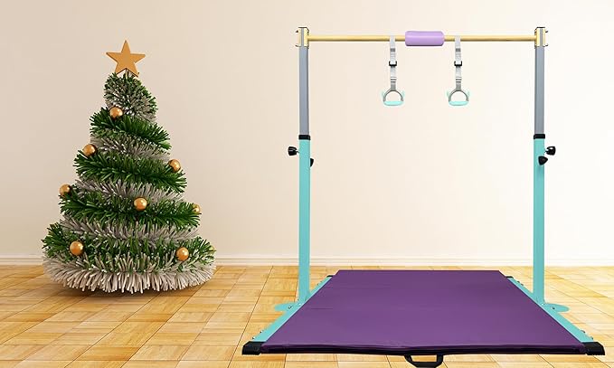 Adjustable Gymnastics Bar for Kids with Mat - Sturdy Kip Bar with Rings, Horizontal Bar for Home Training, 3'-5' Height, Ages 3-15, 250 LBS Capacity, Easy Assembly.