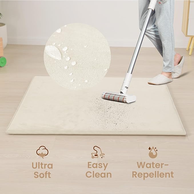 Huloo Sleep Baby Play Mat for Floor,1.3" Thick Elasti-Foam 50"×50" Playpen Mat for Tummy Time,Water Repellent Soft Coral Velvet for Toddler,Infant,Kids,Non-Slip Backing Safe for Crawling(Cream)