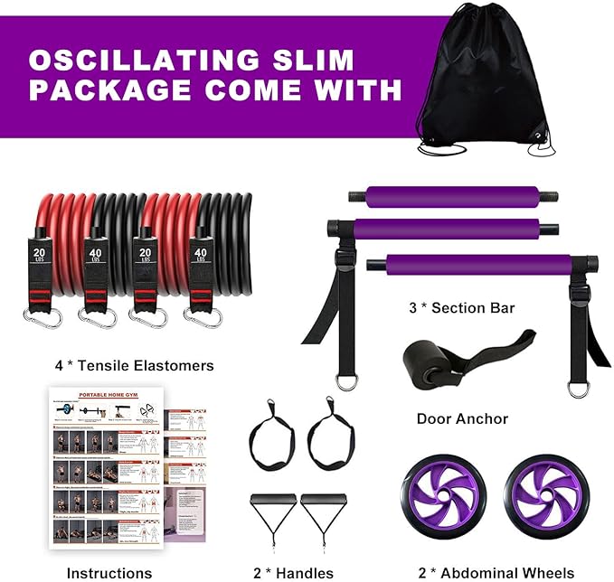 Pilates bar kit Multiple Fitness bar with Resistance Bands, Ab Rollers.Core Strength Training Equipment. Squat Machine for Men and Women.Portable Home Gym Pilates bar kit for Full Body Training Women