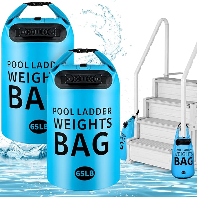 Soulchen 2 Pack 30L/65LB Heavy Duty Pool Ladder Weights, 500D PVC Waterproof Foldable Sandbags for Above Ground Pool Step Sand Bags, Fillable Stair Weight Anchor Bag (Lake Blue)
