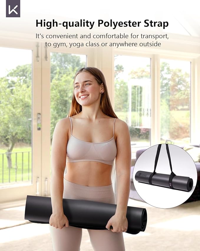 KEEP Rubber Yoga Mat - Professional Sweat Absorbent PU & Natural Rubber. Non Slip Workout Mats for Women & Men, 5mm Thick, 74"x26" Extra Long Wide Pad for Hot Yoga, Pilates, HIIT, Home Gym - Strap Included