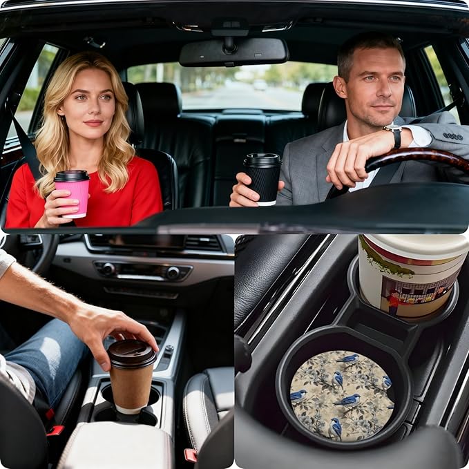 Car Cup Holder Coasters, 2 Pcs Ceramic Coasters with Finger Slot and Cork Back, Anti-Slip Shock Absorbing Women and Men Universal Car Accessories - Blue Bird
