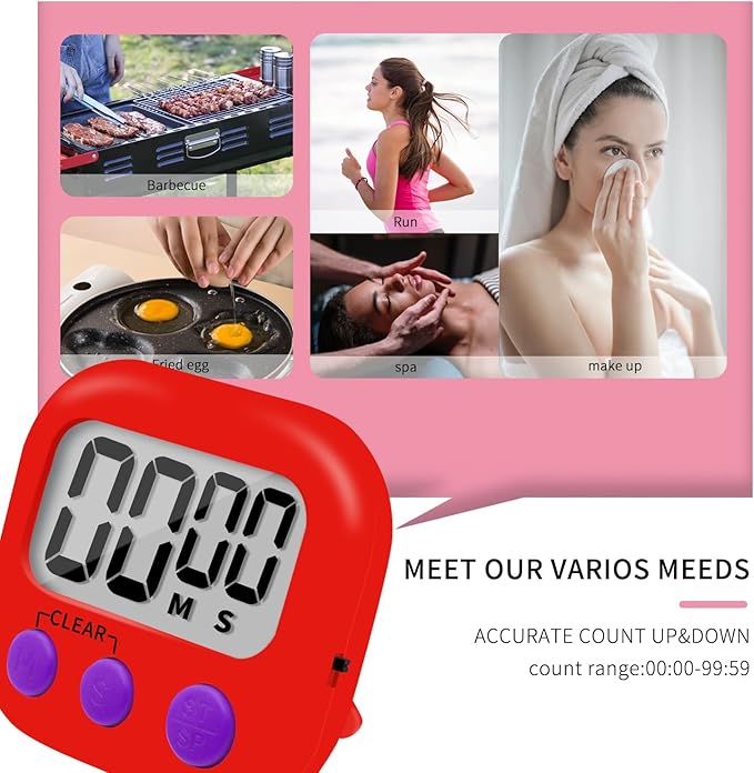 6 Pack Small Digital Kitchen Timer Magnetic Back and ON/Off Switch,Minute Second Count Up Countdown (Red)