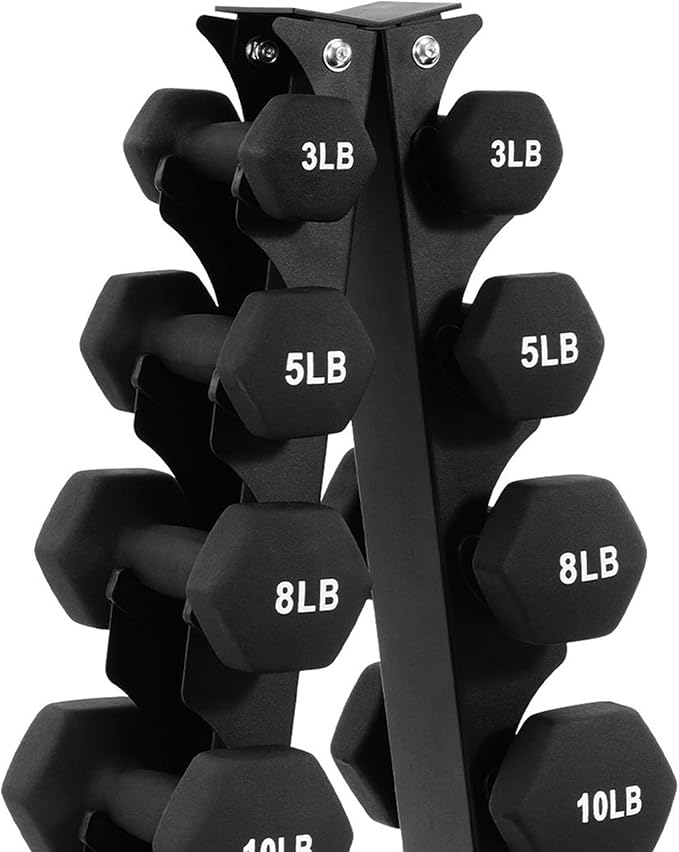 BalanceFrom Neoprene Coated Iron Dumbbell Hex Weights Set with Stand – Color-Coded or Black Options with Non-Slip Grip for Strength Training, Resistance Workouts, and Home Gym Fitness
