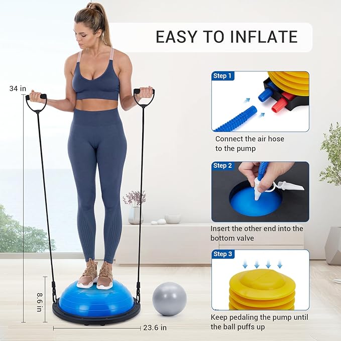Half Balance Ball Trainer Textured Non-Slip Base for Unshakeable Stability, Includes 2 Resistance Bands + Pump & Bonus Ball - Ultimate Home Gym & Therapy Powerhouse for Every Athlete