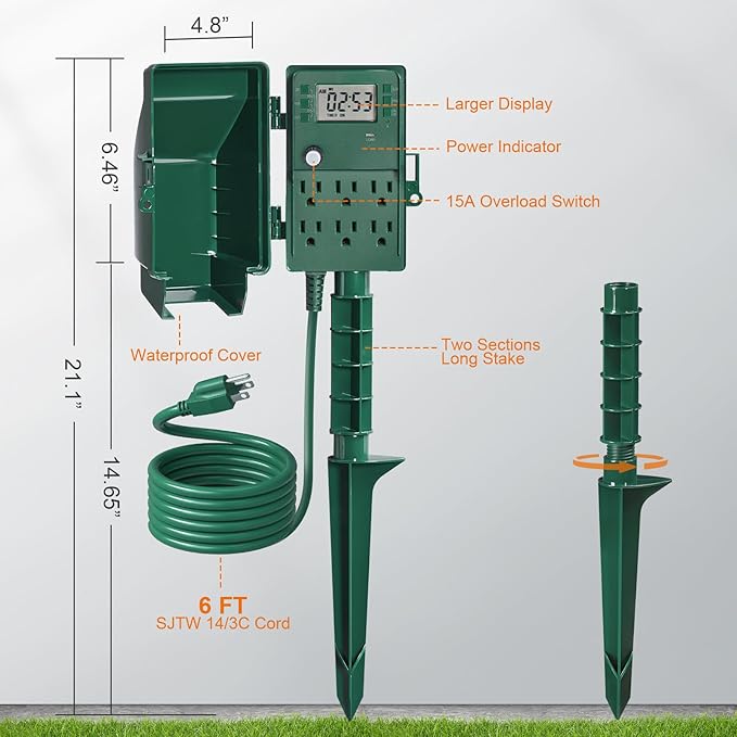 SURAIELEC Outdoor Power Stake, 7-Day Programmable Digital Timer, Power Strip Weatherproof, 6 Multi Plug Electrical Outlet Waterproof, 6 ft Extension Cord, for Outside Yard Light, Christmas Decorations