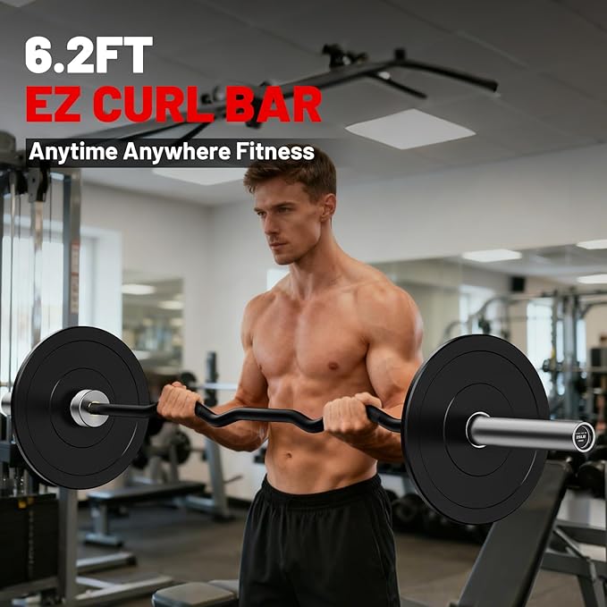 PAPABABE Curl Bar, 4ft/6.2ft Olympic EZ Barbell Bar for Weight Lifting, Curling Bar with Volcano Knurled Grip, 2 Inch Weight Bar with Multi-Angle Wrist-Friendly Design, Comfortable Grip for Bench Press Curls Deadlifts Home Gym Beginner
