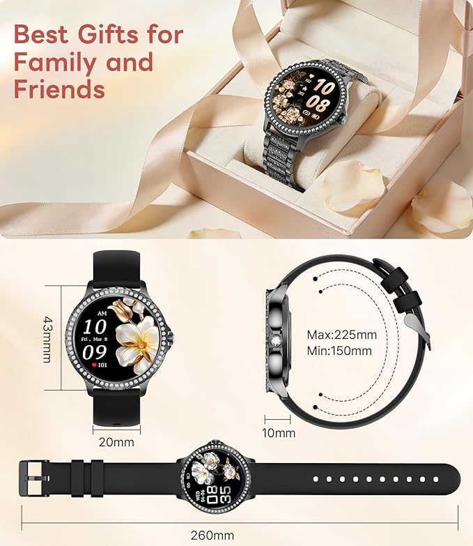 Smart Watch for Women Diamond, Bluetooth Calls, 1.32-inch HD Screen Round Fitness Tracker with Menstrual Cycle/Sleep/Heart Rate Monitor, 100+ Sports Mode, Android/iOS Phone, Black