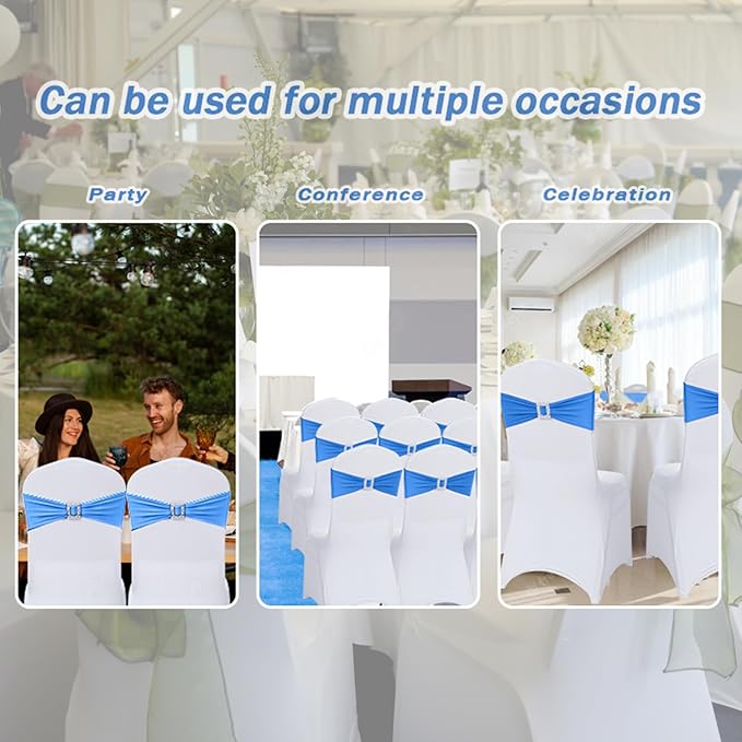 Joccun 30 PCS Spandex Chair Sashes Bows Stretch Chair Cover Band with Buckle Slider Universal Elastic Chair Ties for Wedding Banquet Party Event Decoration (Royal Blue)