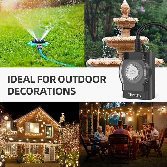 TiFFCOFiO Outdoor Timer Outlet Waterproof, 24 Hour Mechanical Light Timer Outdoor, 2 Grounded Outlets for Home and Garden, 15A 1/2HP, Heavy Duty, ETL Listed (2 Pack)