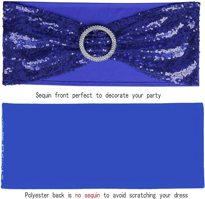 Dimatic 25 PCS Stretch Sequin Chair Sashes Chair Stretchy Spandex Bands for Wedding Reception Events Banquets Chairs Decoration (Blue)