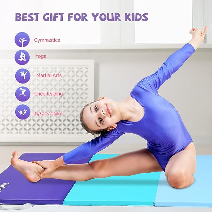 Matladin 8 FT/6FT Folding Gymnastics Gym Exercise Aerobics Mat, PU Leather Tumbling Mats for Stretching Yoga Cheerleading Martial Arts, Play