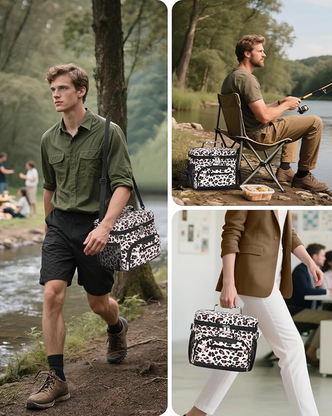 Lunch Boxs for Women/men Insulated Lunch bag,Leakproof Lunchbox with Adjustable Shoulder Strap for Adults,Soft Cooler Tote Bag for Office Fitness Picnic Beach Travel - Leopard 12-Can(8L)
