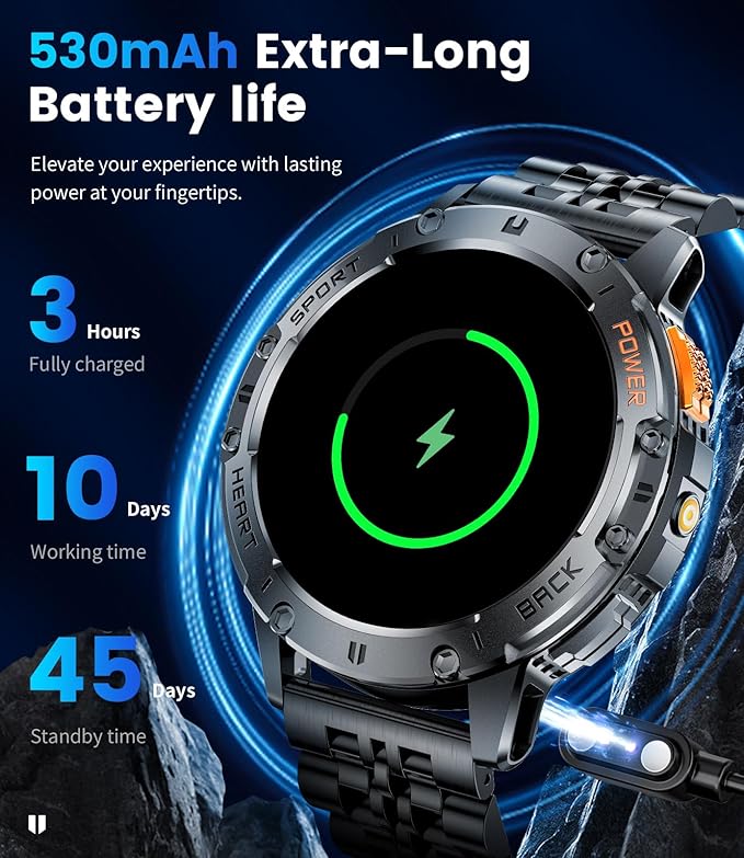 LIGE 1.43" AMOLED Smart Watch for Men with Flashlight, Bluetooth Calling, 100+ Sport Modes, 530mAh, IP68 Waterproof Fitness Tracker for Workout, iOS Android Compatible, Black Steel Leather