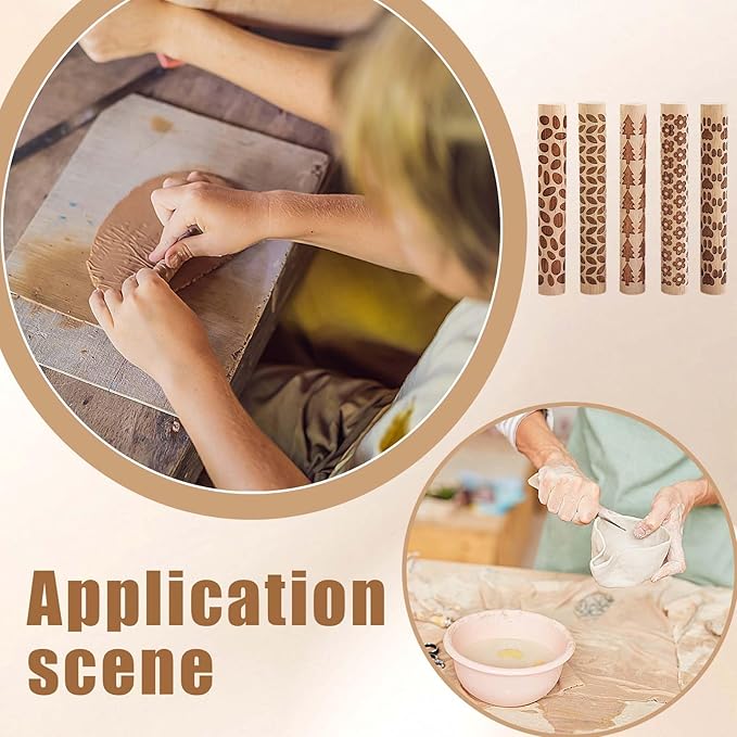 5 PCS Wooden Clay Texture Rollers Set, 100mm Pottery Pattern Rolling Pins with 10 Unique Designs, Ceramic and Polymer Clay Stamp Roller Tools for Studio Craft, Sculpting & Handmade Art Projects (B)