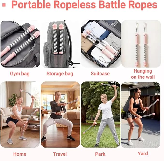 Ropeless Battle Ropes for Home Gym (2-Pack) Cordless Battle Ropes for HIIT Workouts,Muscle Training,Low-Impact Cardio Training,Adjustable Weight Battle Rope for Full-Body (Pink)