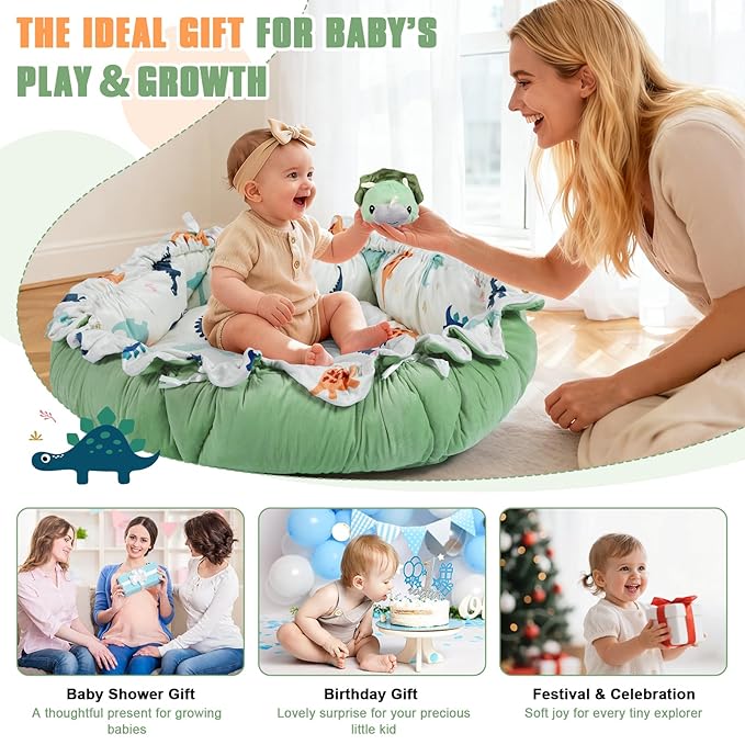 5-in-1 Baby Gym Play Mat with Cartoon Pattern, Extra Thick Plush Tummy Time Activity Gym with Hanging Toys, Sensory Development & Motor Skills Training Floor Mat, Dinosaur