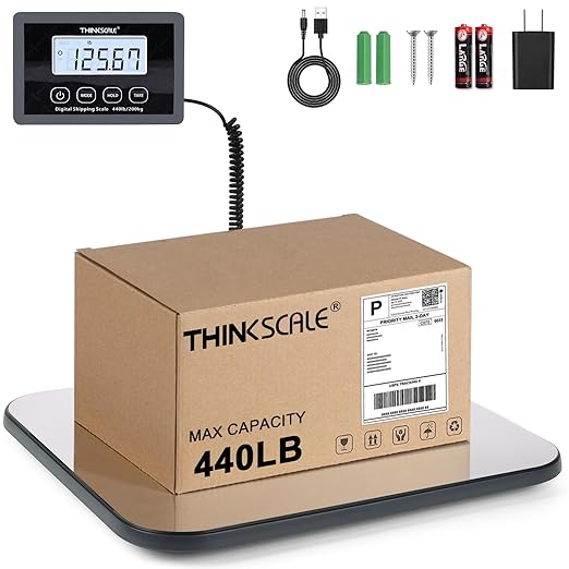THINKSCALE Shipping Scale, 440lb/1oz Digital Postal Postage Scale for Small Business, Large Backlit LCD with Hold/Tare, Scale for Packages, Luggage, Home Use, USB Power & Battery