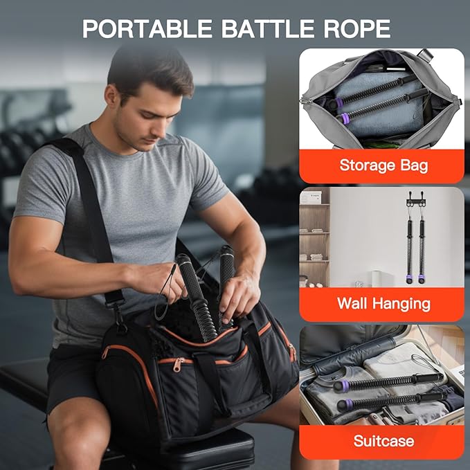 Ropeless Battle Ropes for Home Gym (2-Pack), Quiet & Space-Saving Workout Ropes for Full-Body Training, HIIT & Low-Impact Aerobic Training, Adjustable Weight Handles, Purple Ring