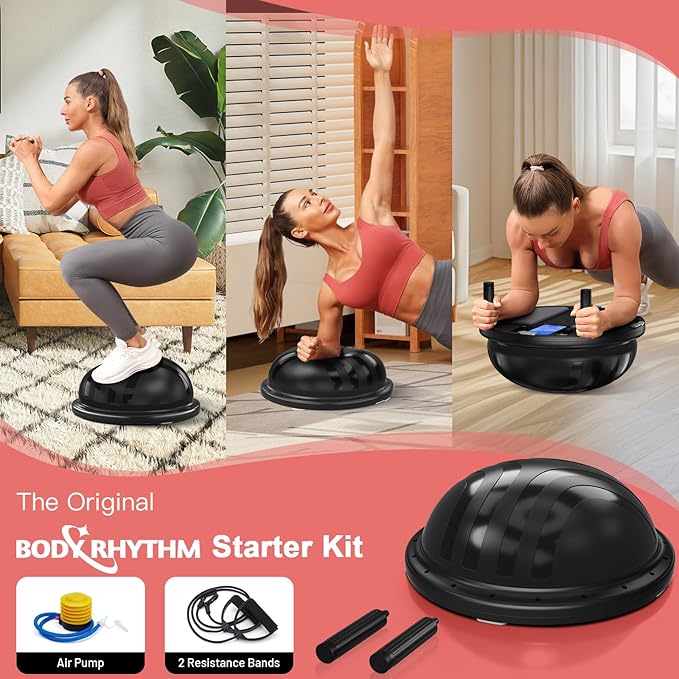 BODYRHYTHM 2 in 1 Balance Ball & Plank Board Trainer with Free iOS/Android App & 4 Free Games for Full Body Workout - Half Exercise Yoga Ball Trainer with 2 Bands & Pump for Strength Training