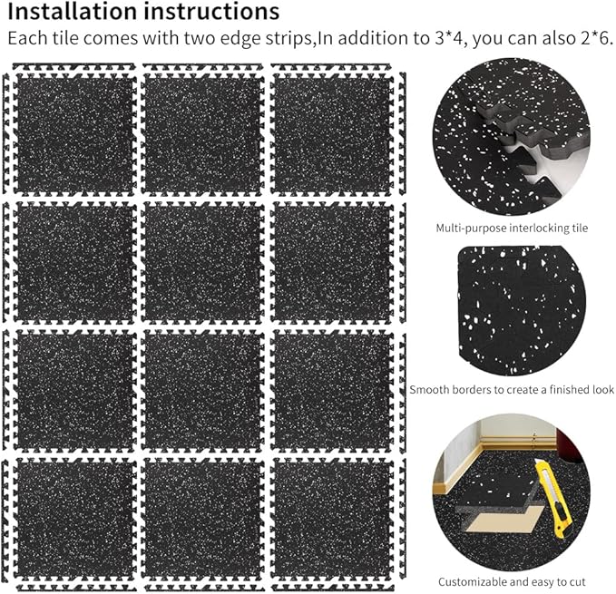 0.8in Thick 48 Sq Ft Gym Flooring for Home Gym, 12 Tiles Workout Exercise Equipment Mats, Rubber Top with EVA Foam, Interlocking Puzzle Floor Tiles for Fitness Room, Protective Flooring Mat