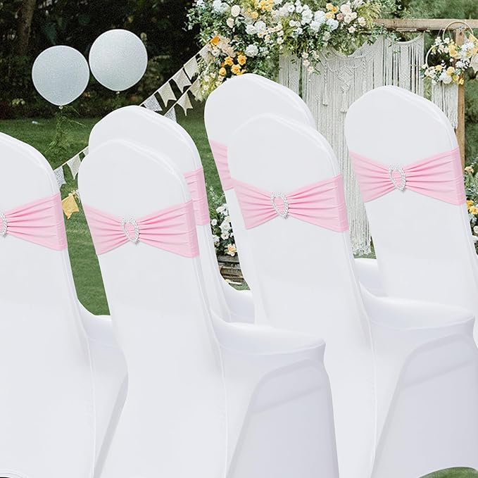 Howhic Pack of 30 Spandex Chair Sashes Bows Stretch Chair Cover Band with Buckle Slider Universal Elastic Chair Ties for Wedding Banquet Party Event Decoration (Pink)