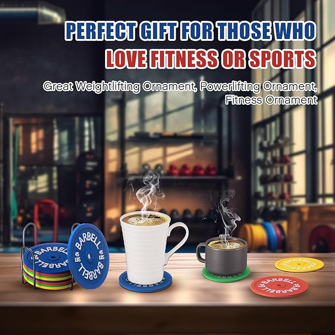 Blushtier 8 Pcs Barbell Bumper Plate Cool Coasters Round Silicone Coasters Weight Plate Coaster with Rack Holder for Gym Lovers Gym Accessories(Colorful)