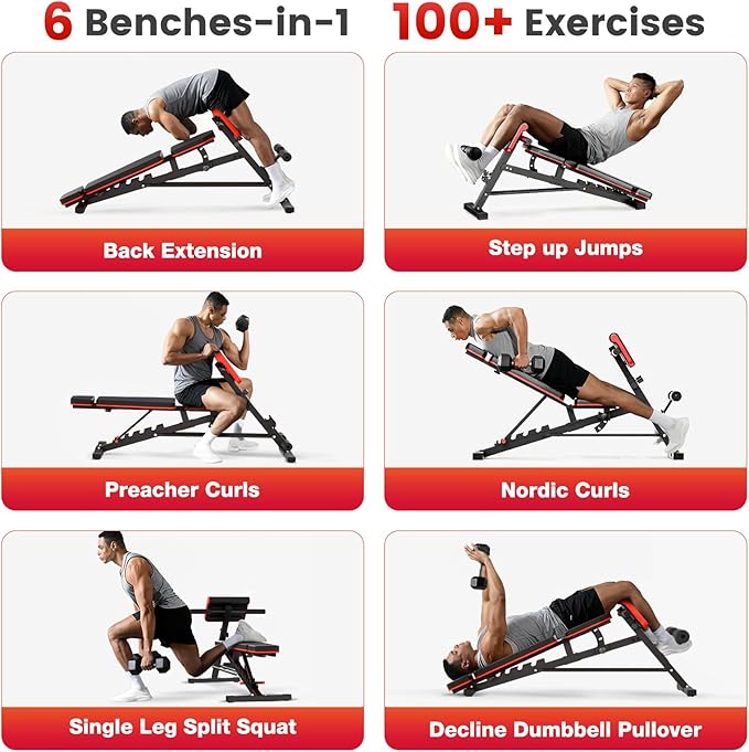 ALSO GO Adjustable Weight Bench, Workout Benches with Leg Extension & Extended Headrest, Foldable Incline Decline Bench Press, Roman Chair, Full Body Strength Training Equipment for Home Gym